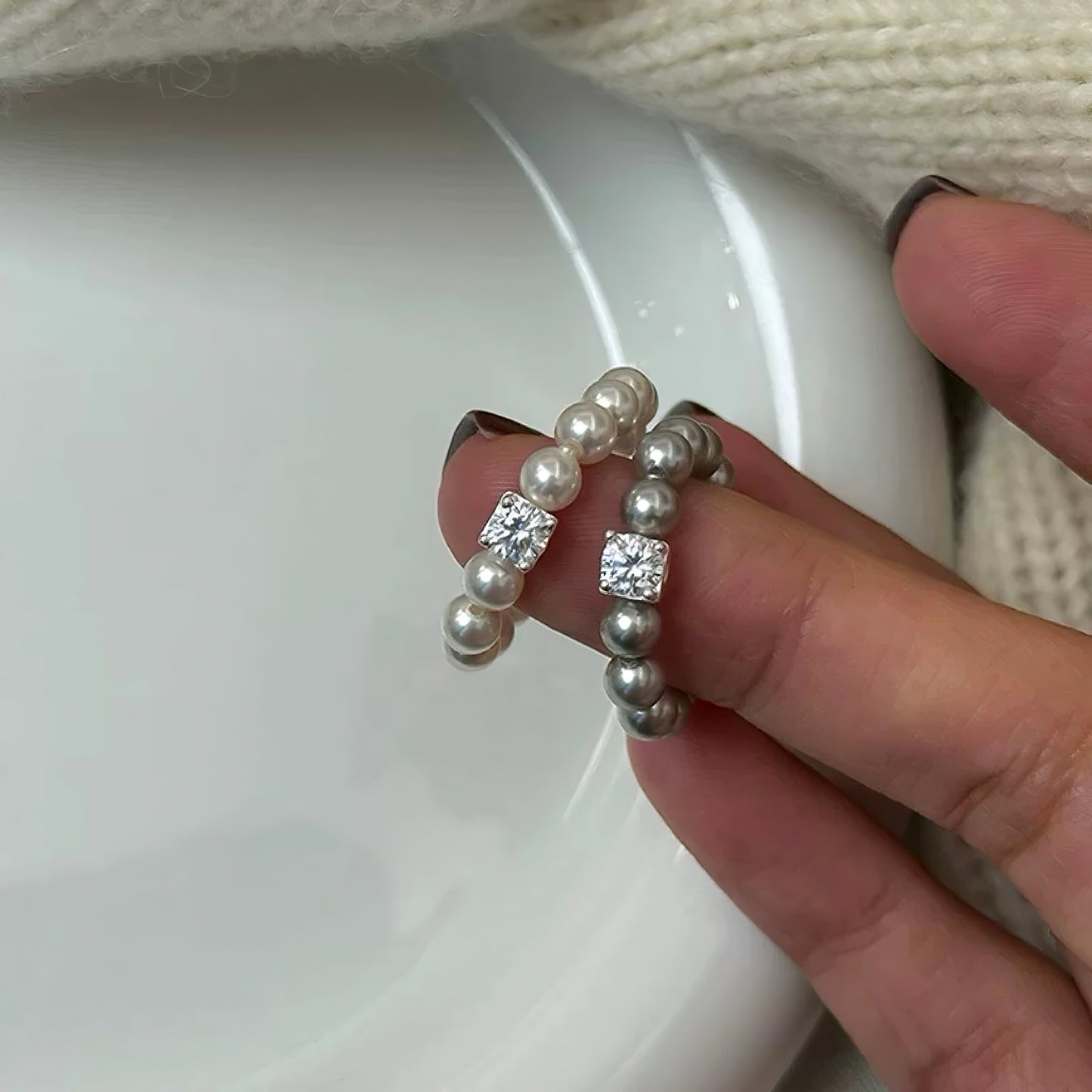 Square Rhinestone Swarovski Pearl Stretch Ring