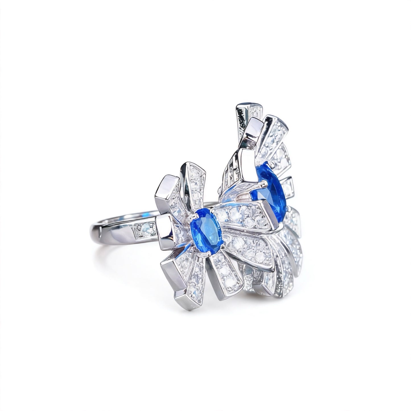 Twin Flowers Sapphire Carbon Diamond Ring