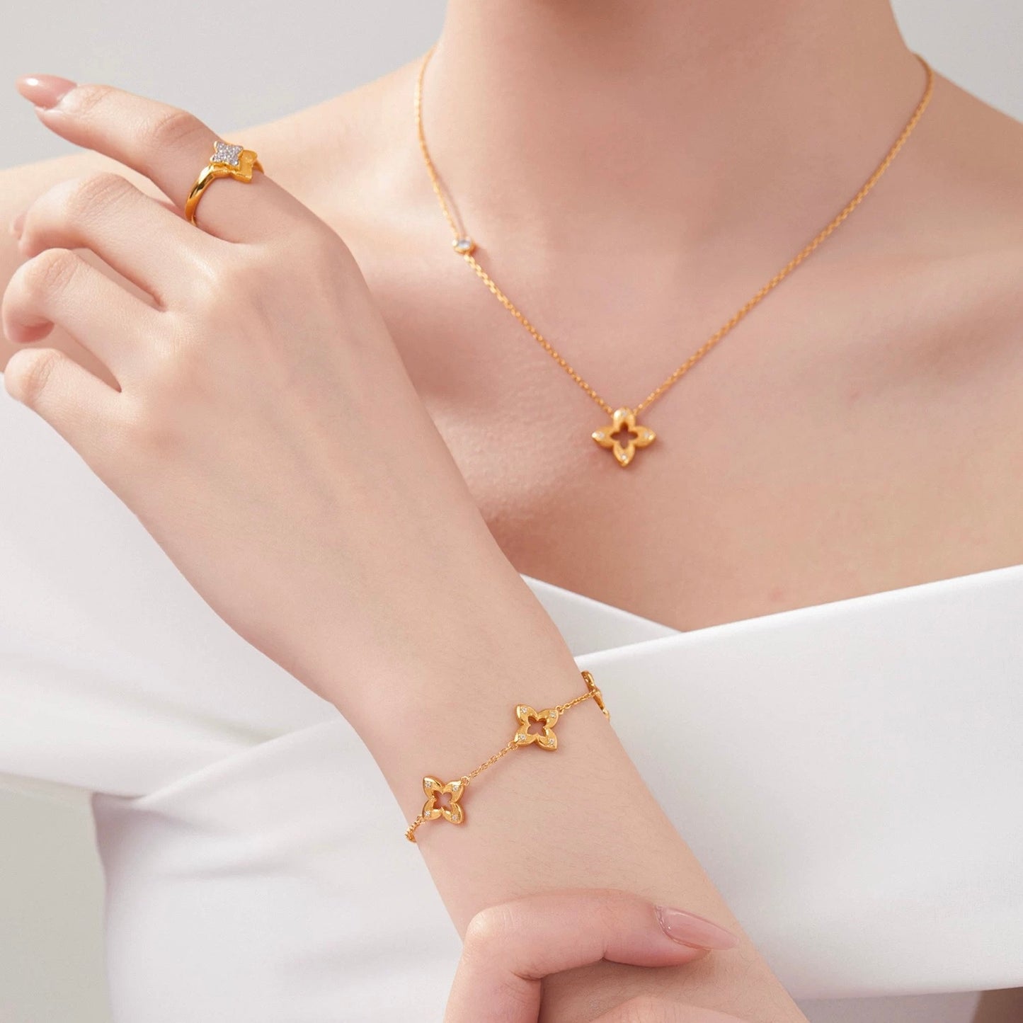 Hollow Clover Brushed Gold Necklace