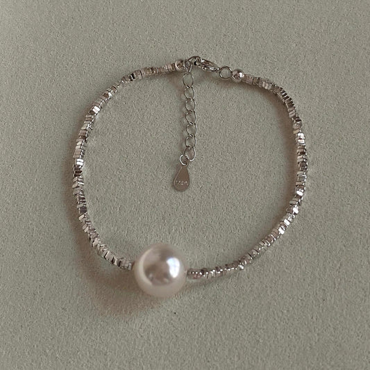 Sterling Silver Beaded Bracelet With Swarovski Pearl