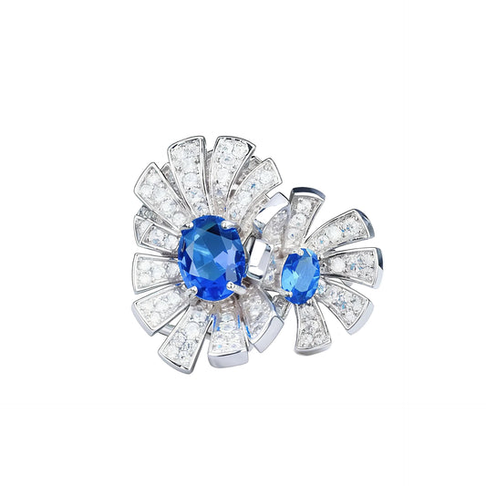 Twin Flowers Sapphire Carbon Diamond Ring